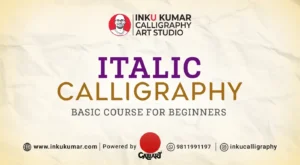 Student practicing elegant italic calligraphy in a beginner calligraphy course in Delhi by Inku Kumar