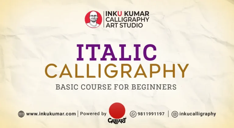Student practicing elegant italic calligraphy in a beginner calligraphy course in Delhi by Inku Kumar