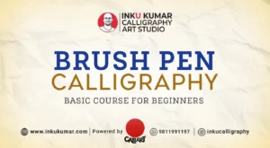 Student practicing brush pen calligraphy in a beginner calligraphy course by Inku Kumar