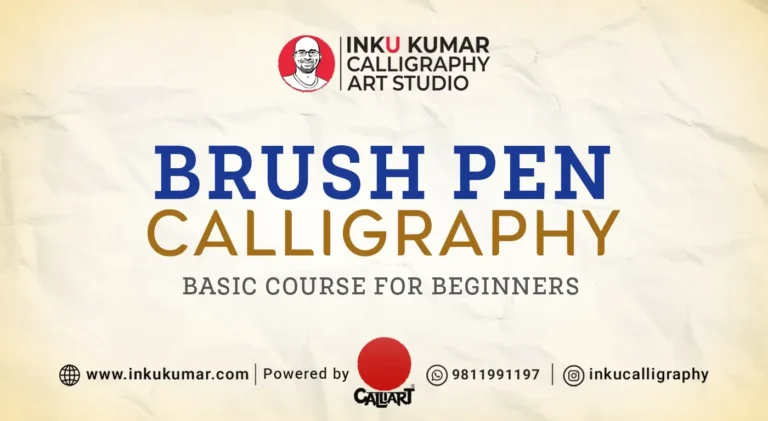 Student practicing brush pen calligraphy in a beginner calligraphy course by Inku Kumar