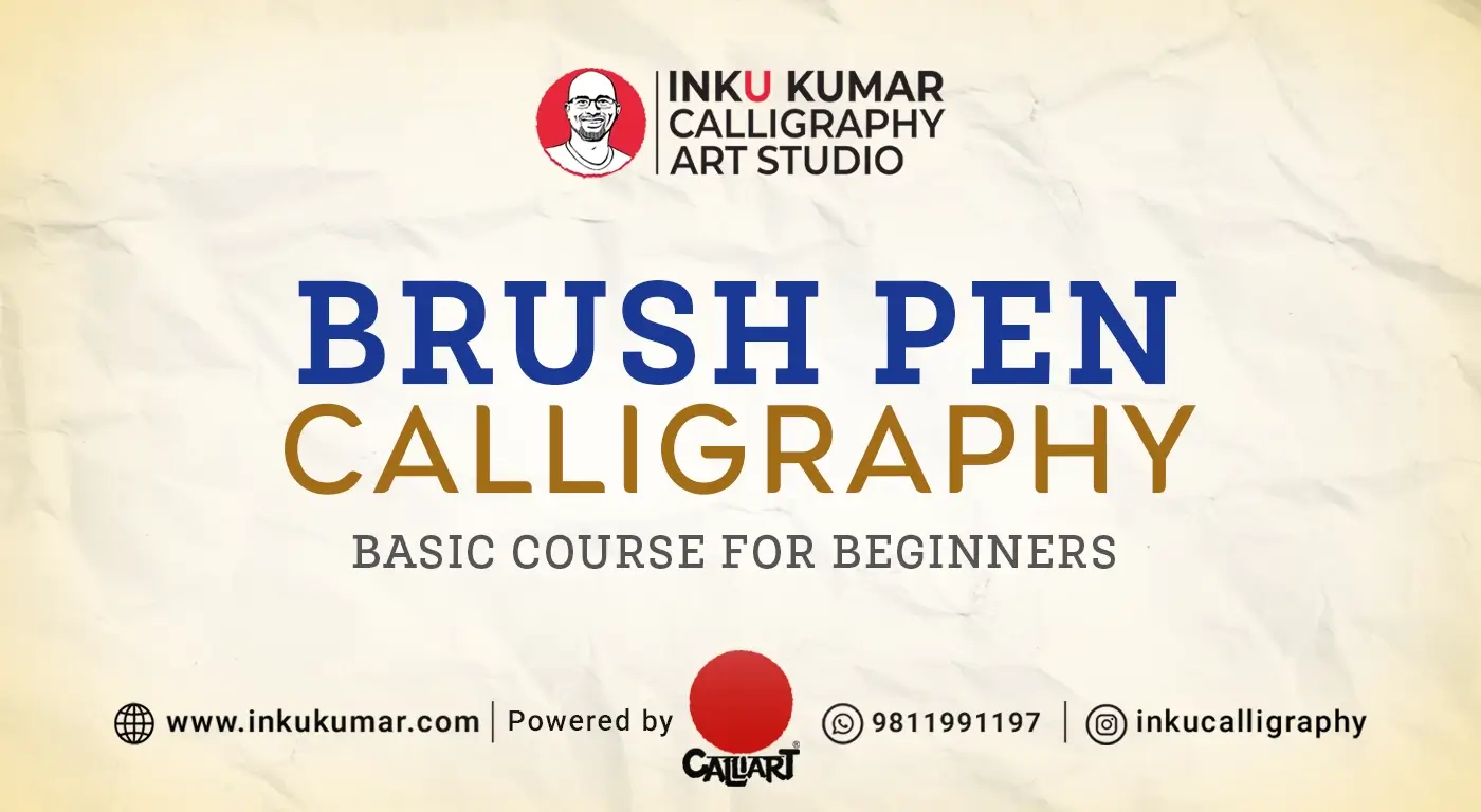 Student practicing brush pen calligraphy in a beginner calligraphy course by Inku Kumar