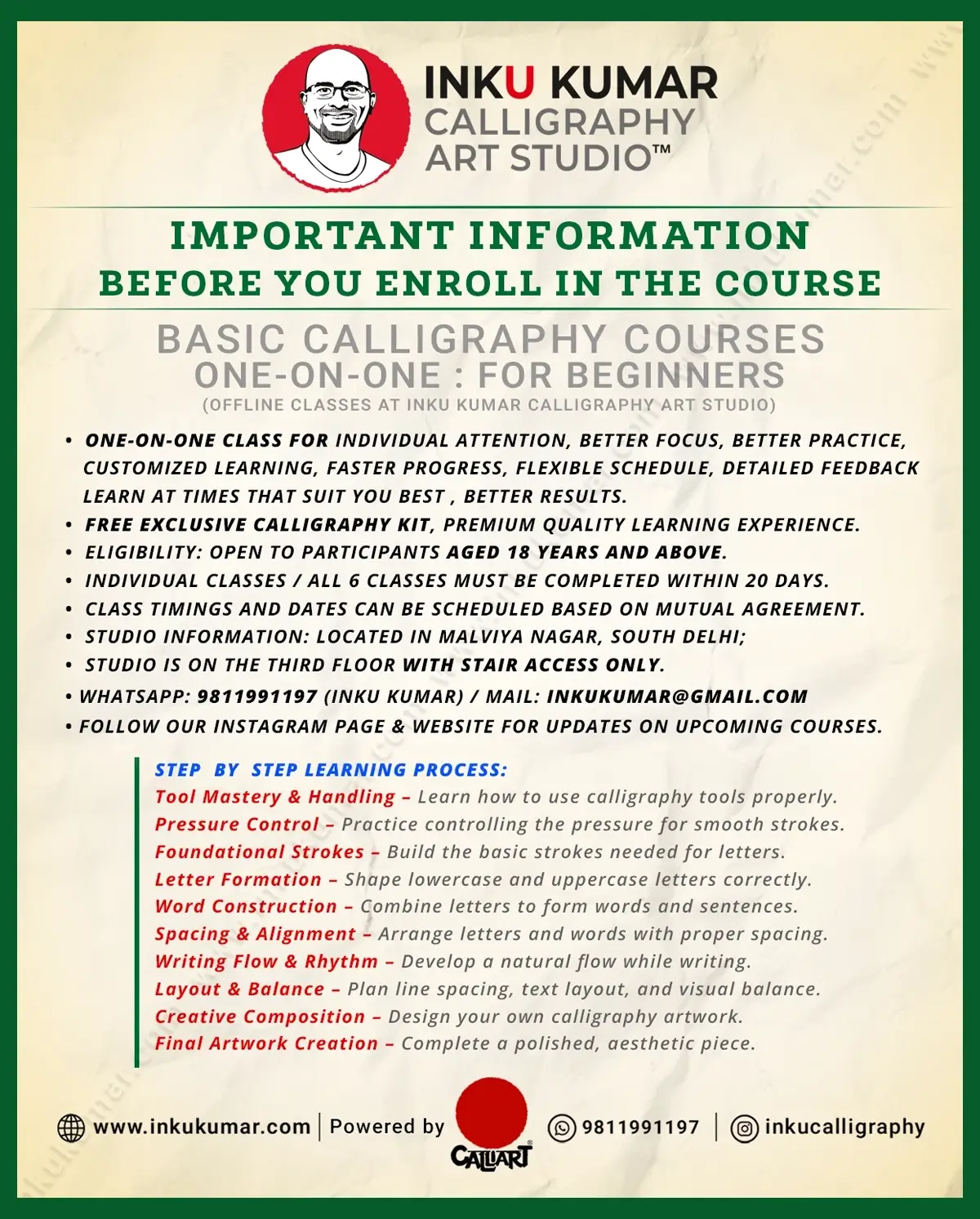 Image showing beginner calligraphy courses offered by Inku Kumar Calligraphy Art Studio, Delhi NCR — featuring Devanagari, Italic, Blackletter, Brush Pen, Uncial, and Hand Lettering styles with flexible schedules, timings, and exclusive materials.